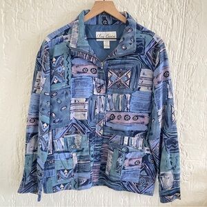 Oleg Cassini Blue Silk Abstract Quilted Print Jacket Size Medium